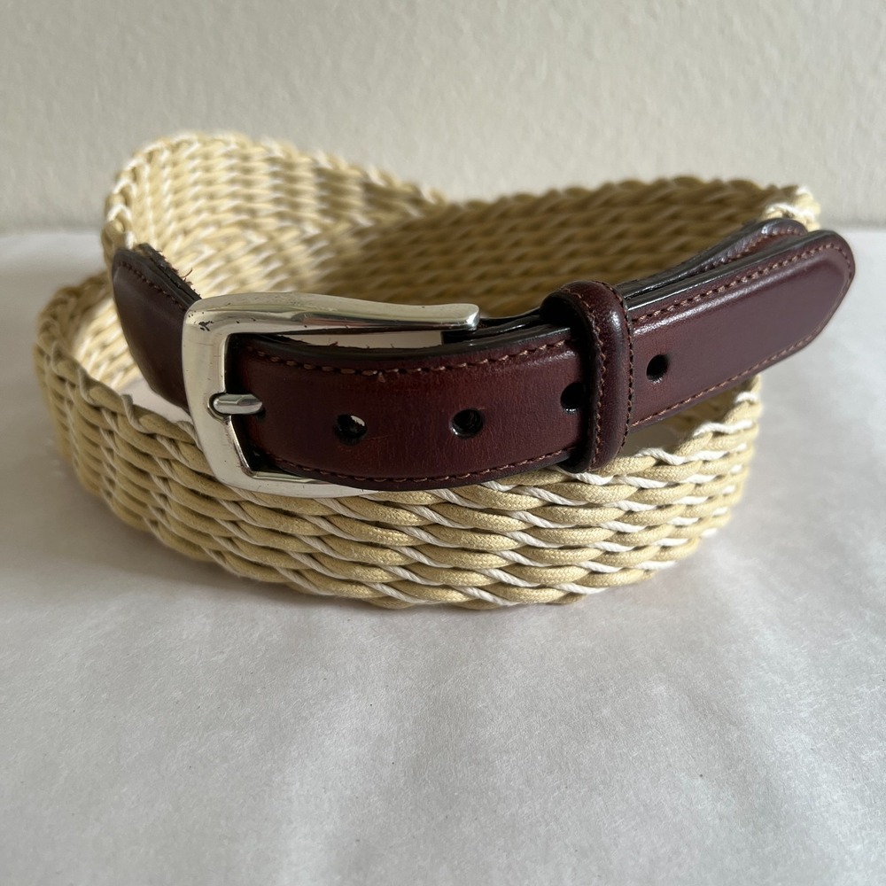 Brighton Braided Cloth Belt Mens 42 Brown Leather Buckle Strap Preppy Casual